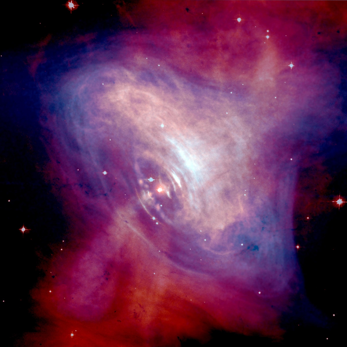 Crab Nebula, showing synchrotron emission in the surrounding pulsar wind nebula