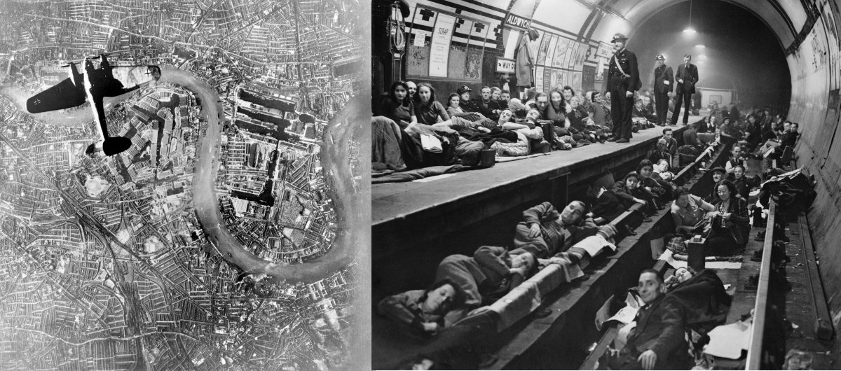 German bomber flying over London and London tube station being used as an air raid shelter