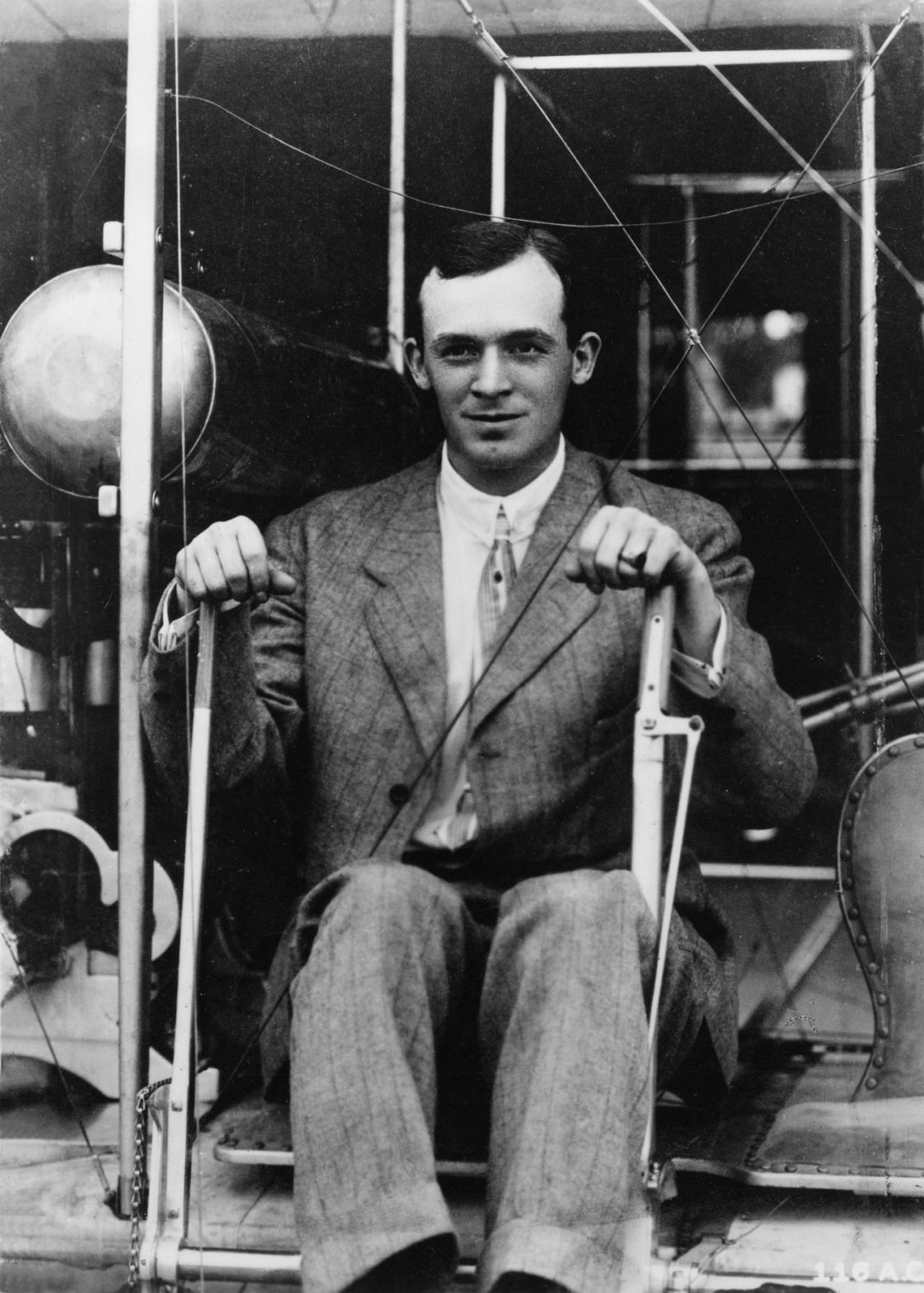 Arnold at the controls of a Wright Type B two-seater at the Wright Flying School