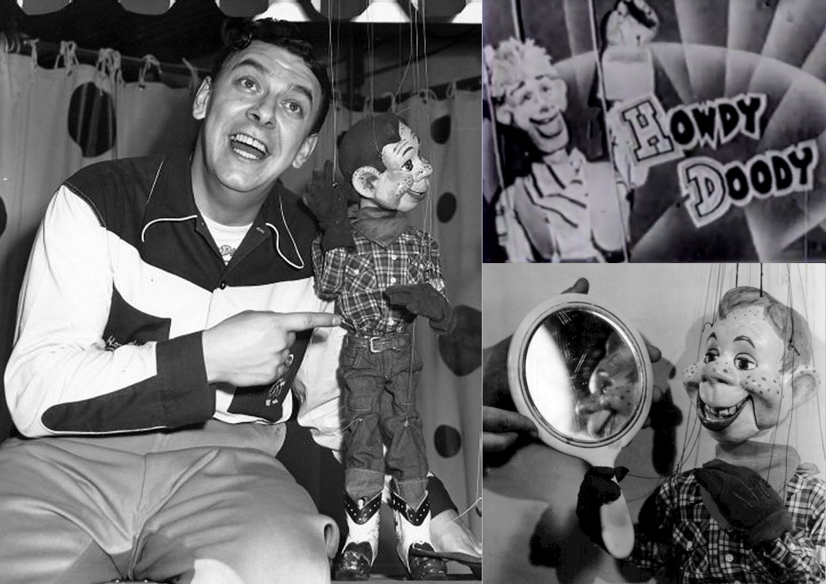 Buffalo Bob with the second Howdy Doody (left), the original Howdy Doody (top right), and after "plastic surgery"