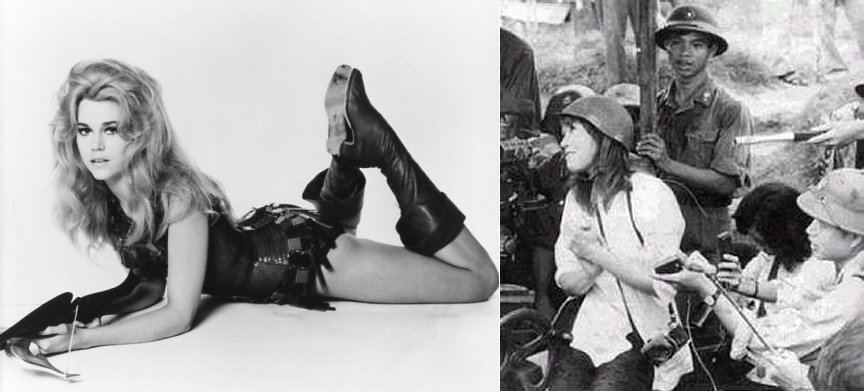 Jane Fonda as Barbarella and Fonda at an anti-aircraft gun