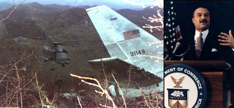 Helicopter surveying the crash site (left) and Ron Brown