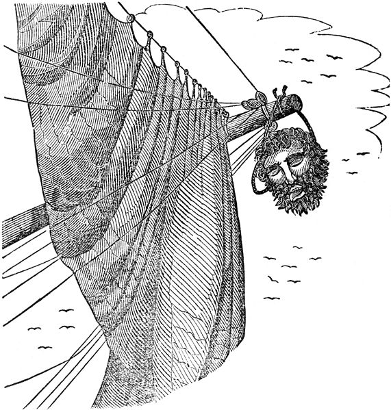 Blackbeard's head hanging from Maynard's ship