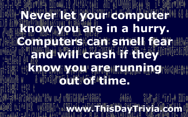 Quote: Never let your computer know you are in a hurry. Computers can smell fear and will crash if they know you are running out of time. - Every computer user - ever