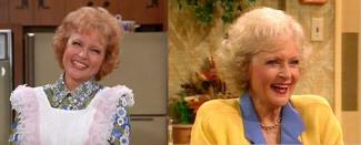 Betty White as Sue Ann Nivens (left) and as Rose Nylund