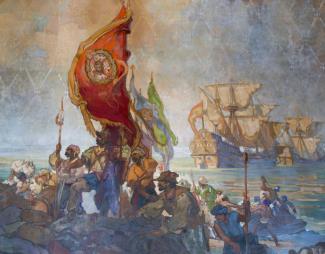 Cabrillo claiming California for the Spanish Empire in 1542