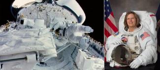 Sullivan walking in space to check an antenna (left) and Sullivan in spacesuit